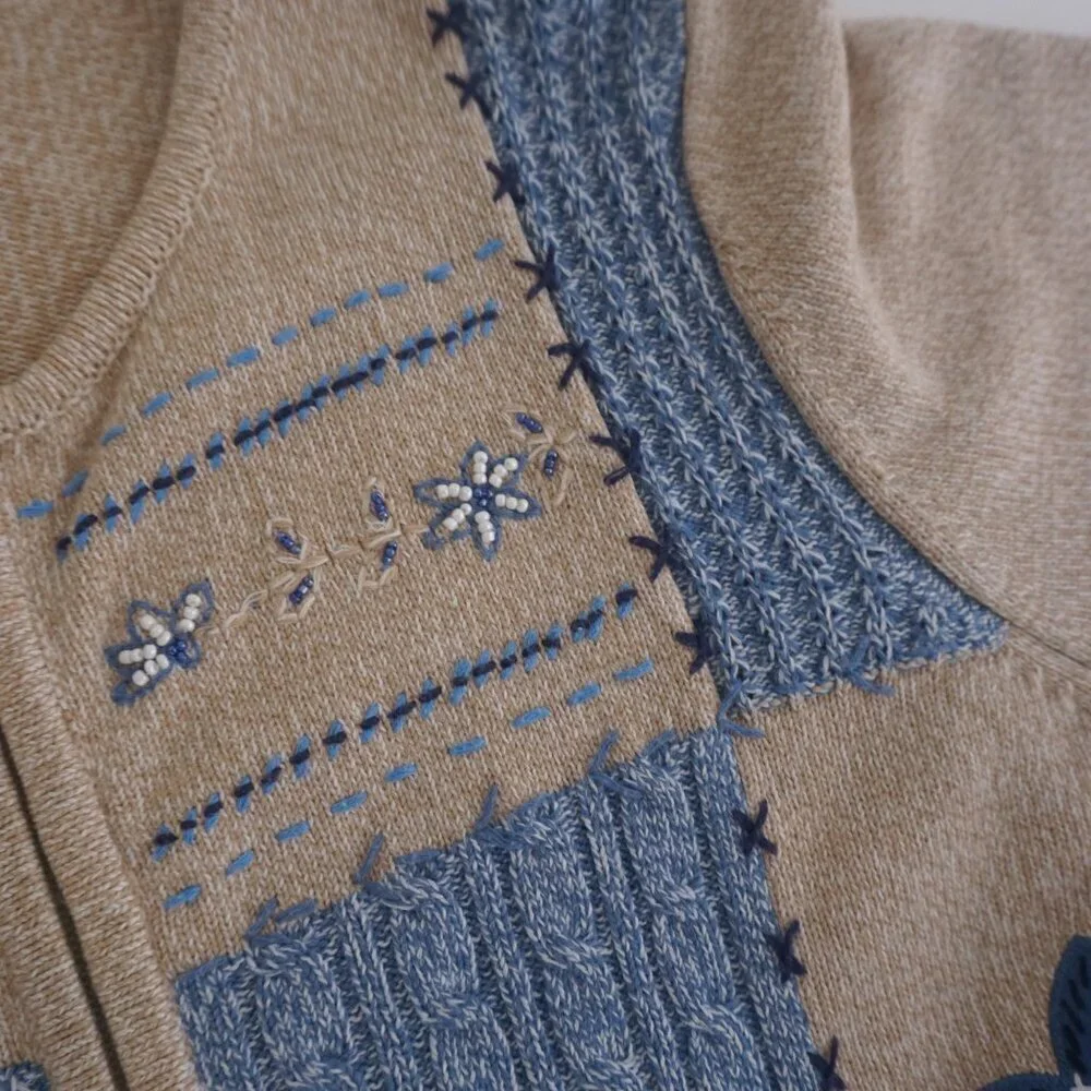 Alia Beige Blue Embroidered Floral Knit Zip Up Cardigan Sweater Large - Picture 12 of 14